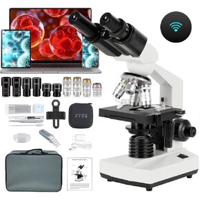 Binocular Compound Microscope, 40X-5000X Magnification, Wide-Angle Eyepiece WF10X WF25X, LED Light Source, XY axis Double-Layer Stage, Adult Microscope (Supports WiFi Wireless Connection)