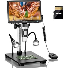 TOMLOV DM9 LCD Digital Microscope: 7" 1200X 1080P Coin Microscope Magnifier, 12MP Ultra-Precise Focusing Soldering Microscopes for Adults, PC View, 32GB