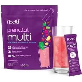Root'd Prenatal Multivitamin Powder - 25 Vitamins & Minerals with 3x Electrolytes, Folate, Iron, D3 for Mom & Baby, 7 Superfood & Probiotics, Sugar-Free Vitamins & Hydration | 30 Vitamin Drink Packets