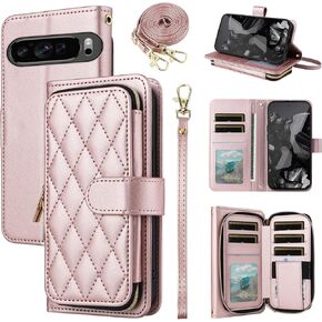Argyle Wallet Case for Google Pixel 9/9 Pro 5G with Wrist Strap Shoulder Strap, 9+ Card Slots Zipper Purse Luxury PU Leather Stand Checkered Cell Phone Cover for Pixel9 9Pro Nine Rose Gold