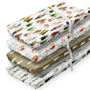 4 Pack Changing Pad Covers Woodland Forest Animals Wood Neutral Unisex Fitted Baby Changing Pad Cover Set for Baby Boys or Girls