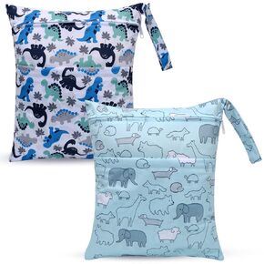 2pcs Cloth Diaper Wet Dry Bags Waterproof Reusable with Two Zippered Pockets Stroller Travel Beach Pool Daycare Soiled Baby Items Yoga Gym Bag for Swimsuits or Wet Clothes-11 x 14"