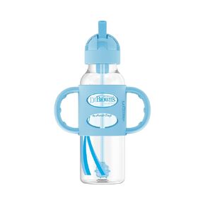 Dr. Brown's Milestones Narrow Sippy Straw Bottle, Spill-Proof with 100% Silicone Handles and Weighted Straw, 8 oz/250 mL, Gray & Green, 6m+