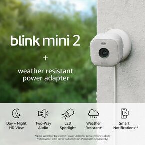 Blink Mini 2 (Newest Model) + Weather Resistant Adapter — Indoor/Outdoor Home Security & Pet Camera(s) with HD video, motion detection, and built-in spotlight — 1 camera (White)