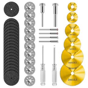 Cutting Wheel Set Compatible with Plastic 44pcs for Rotary Tool, HSS Circular Saw Blades 6pcs, Resin Cutting Discs 20pcs, 545 Diamond Cutting Wheels 10psc with 2 Screwdrivers