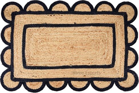 Shree Exports Hand Woven Farmhouse Scalloped Natural Jute Area Rug, Natural Base Off White Trim 2x3 feet in Kuwait
