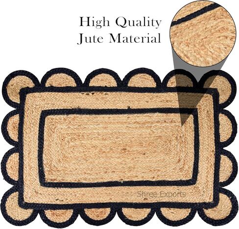 Shree Exports Hand Woven Farmhouse Scalloped Natural Jute Area Rug, Natural Base Off White Trim 2x3 feet in Kuwait
