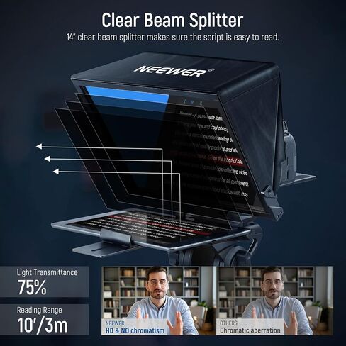 NEEWER Teleprompter X14 II with RT113 Remote & App Control, 14" Beamsplitter, Vertical Adjustable Snap in QR Plate Compatible with 501PL iPhone iPad Tablet Camera Camcorder, Assembly Free in Saudi Arabia