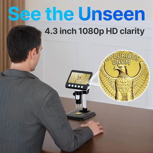 Coin Microscope, 4.3" LCD USB Digital 1000X 1080P Coin Magnifier | 8 Adjustable LED Lights, PC View Compatible with Windows/MacBook for Adults Kids in Saudi Arabia