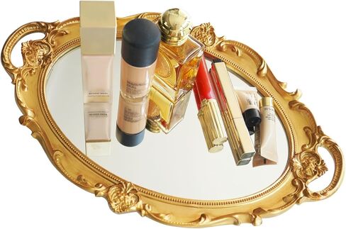 14.5 x 10 Inchs Vintage Mirrors for Wall Decor,Oval Mirror Wall Mirror Gold Mirror Perfumes Mirror Cosmetics Display Mirror Tray (Gold) in Kuwait