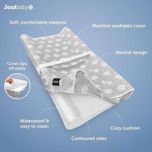 Jool Baby Serenity Soft Changing Pad + Washable Cover, Non-Slip - Fits Standard Changing Tables & Dressers (Cloud Pattern, Gray) | Makes Changing Time Easier With Contoured Sides & Safety Strap – Includes Machine Washable Zip-Off Cover for Easy Cleaning in Saudi Arabia