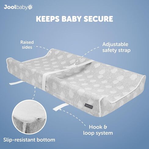 Jool Baby Serenity Soft Changing Pad + Washable Cover, Non-Slip - Fits Standard Changing Tables & Dressers (Cloud Pattern, Gray) | Makes Changing Time Easier With Contoured Sides & Safety Strap – Includes Machine Washable Zip-Off Cover for Easy Cleaning in Saudi Arabia