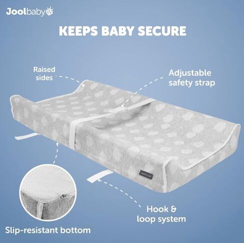 Jool Baby Serenity Soft Changing Pad + Washable Cover, Non-Slip - Fits Standard Changing Tables & Dressers (Cloud Pattern, Gray) | Makes Changing Time Easier With Contoured Sides & Safety Strap – Includes Machine Washable Zip-Off Cover for Easy Cleaning in Saudi Arabia