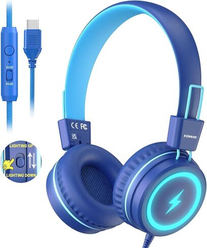 سماعات رأس للأطفال للمدرسة، سماعات رأس USB من النوع C للأطفال مع أضواء LED، سماعات رأس سلكية للأولاد والبنات مع محدد آمن 85 ديسيبل/94 ديسيبل، سماعات رأس قابلة للطي على الأذن مع ميكروفونات للمدرسة/جهاز iPad in Kuwait