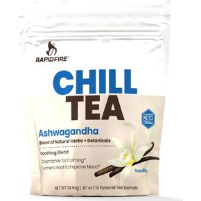 Rapid Fire Chill Tea, Soothing Blend, Promotes Relaxation, With Ashwagandha, Chamomile, Turmeric, Stress Relief Tea, Caffeine Free, 14 Tea Bags, 14 Servings