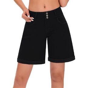 roswear Women's High Waisted Wide Leg Jean Shorts Baggy Stretchy Long Shorts Casual Summer Rolled Hem Denim Shorts