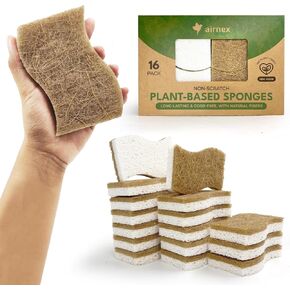 Natural Kitchen Sponges Pack of 16, Cellulose & Coconut Dish Sponge, Walnut Scrubber Sponges, Plate Friendly, No Scratch Eco Dishwashing Sponge for Washing & Cleaning