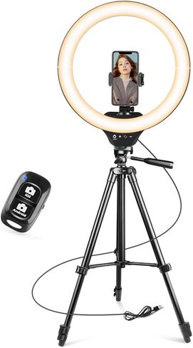 Sensyne 10'' Ring Light with 50'' Extendable Tripod Stand, LED Circle Lights with Phone Holder for Live Stream/Makeup/YouTube Video/TikTok, Compatible with All Phones in Saudi Arabia