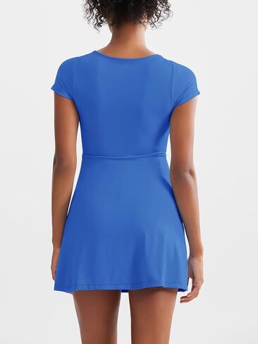 Dokuritu Womens Tennis Dresses Short Sleeve Square Neck 2024 Side Slit Double Lined Golf Athletic Dress with Built in Shorts in Saudi Arabia
