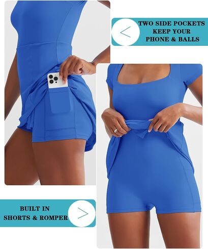 Dokuritu Womens Tennis Dresses Short Sleeve Square Neck 2024 Side Slit Double Lined Golf Athletic Dress with Built in Shorts in Saudi Arabia
