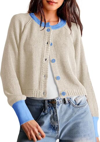 Saodimallsu Womens Cropped Cardigan Sweaters Button Down Open Front Long Sleeve Fall Trendy Color Block Knit Coats in Kuwait