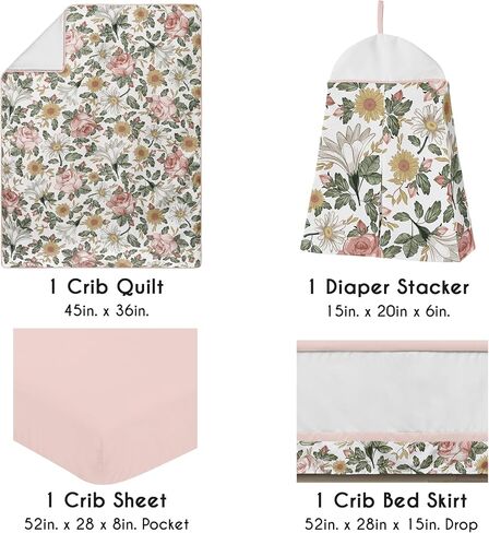 Sweet Jojo Designs Vintage Floral Boho Baby Girl Nursery Crib Bedding Set - 4 Pieces - Blush Pink, Yellow, Green and White Shabby Chic Rose Flower Farmhouse in Saudi Arabia