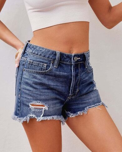 Women's Ripped High Waisted Denim Shorts Stretchy Frayed Raw Hem Jean Shorts in Saudi Arabia