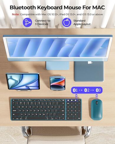 لوحة مفاتيح وماوس بلوتوث لاسلكي لجهاز Mac، لوحة مفاتيح وماوس رفيعة قابلة لإعادة الشحن متعددة الأجهزة من الفولاذ المقاوم للصدأ بالحجم الكامل، متوافقة مع MacBook Pro/Air، iPad، iMac - رمادي فضائي in Saudi Arabia