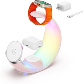 Wireless Charging Station with Lights, 4 in 1 Bedroom Night Light for Kids Adults, Ideal for Birthday Gifts/White Elephant Gifts for Adults/Gifts for Teen Girls Boys(Adapter Include)