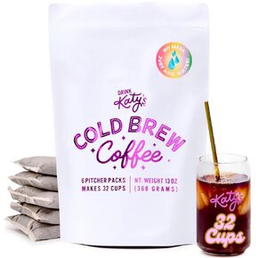 Drink Katy’s Cold Brew Coffee Packs, 6 Large Ready-to-Brew Pitcher Packets, No More Messy Cold Brew, Smooth & Delicious Dark Roast Brazilian Craft Coffee, Proudly Woman-Owned (Makes 32 Servings)