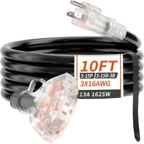 سلك تمديد خارجي بطول 25 قدم 16/3 مع مؤشر ضوئي لمنافذ متعددة، سلك تمديد مرن 3 منافذ مقاوم للطقس شديد التحمل مقاوم للماء أسود، 13 أمبير 1625 وات 16AWG SJTW، مدرج في قائمة ETL in Kuwait