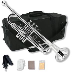 Standard Bb Trumpet Set for Beginners, Student Trumpet, Brass Trumpet Instrument, B Flat, with 7C Mouthpiece, Cleaning Cloth, Gloves and Hard Carrying Case (Black)