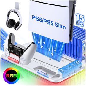 حامل PS5، محطة تبريد PS5 مع مروحة تبريد، حامل RGB PS5 مع محطة شحن وحدة تحكم PS5 لوحدة تحكم PlayStation 5 Slim، ملحقات PS5 لجهاز PS5 Slim