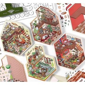 WISHTIME DIY 3D House Stickers - 4 Sets 3D Miniature Scene Stickers Make Mini Room Scenes Bedroom Coffee Shop Restaurant Bookstore for Adult Relief Stress Pass The Time