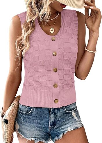 Sweater Vest for Womens Summer Waffle Tank Tops Sleeveless Button Down Shirts Crew Neck 2024 Trendy Blue in Saudi Arabia