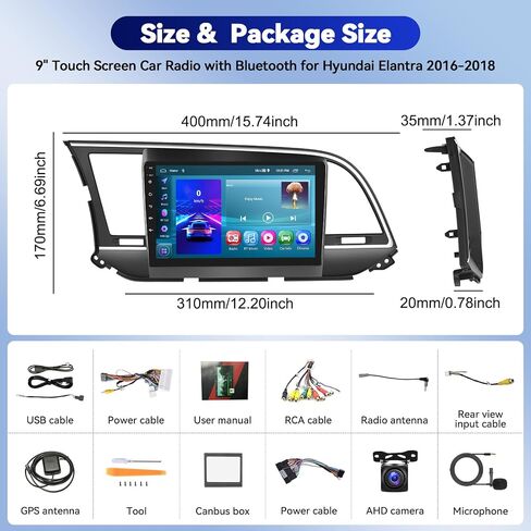 راديو ستيريو للسيارة Camecho 2+64G لسيارة Hyundai Elantra 2016، نظام تشغيل Android 13 مع CarPlay Android Auto، راديو سيارة بشاشة لمس 9 بوصات مع بلوتوث، وحدة رأس ملاحة GPS، WiFi، FM&AM، RDS، DSP، SWC in Saudi Arabia