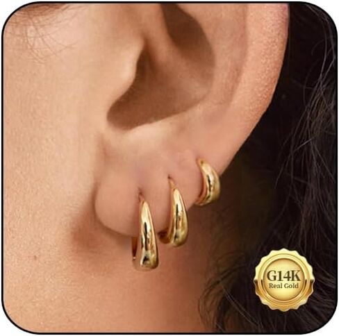 أقراط دائرية ذهبية للنساء، مجموعة أقراط دائرية صغيرة مطلية بالذهب عيار 14 قيراط لا تسبب الحساسية، أقراط هوجي هوب غضروفية ذهبية، أقراط دائرية مكتنزة مكدسة غير مشوهة in Kuwait
