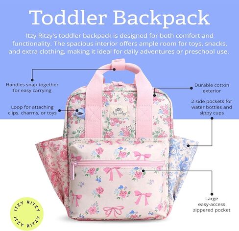 Itzy Ritzy Toddler Backpack - Daycare Bag - Features Adjustable Shoulder Straps, 2 Side Pockets & Spacious Interior with Wipeable Fabric Lining & Name Label, Ribbons & Roses Backpack in Kuwait