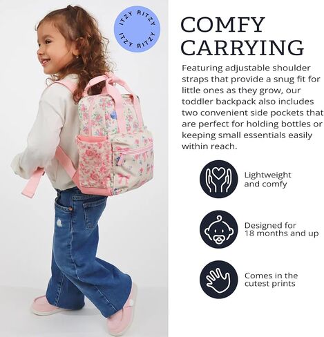Itzy Ritzy Toddler Backpack - Daycare Bag - Features Adjustable Shoulder Straps, 2 Side Pockets & Spacious Interior with Wipeable Fabric Lining & Name Label, Ribbons & Roses Backpack in Kuwait