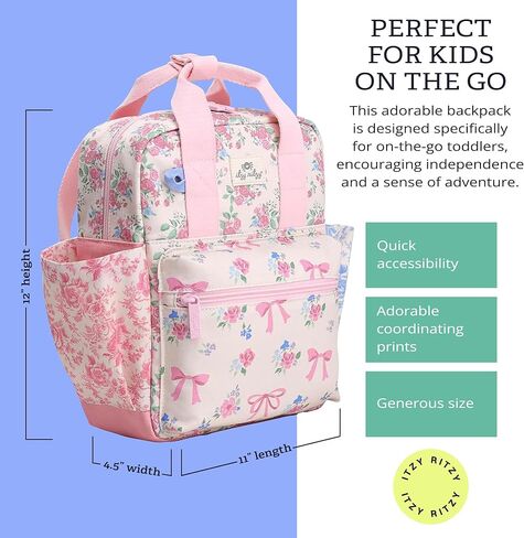Itzy Ritzy Toddler Backpack - Daycare Bag - Features Adjustable Shoulder Straps, 2 Side Pockets & Spacious Interior with Wipeable Fabric Lining & Name Label, Ribbons & Roses Backpack in Kuwait