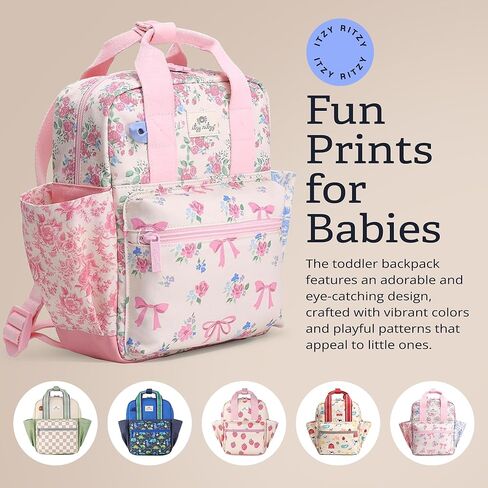 Itzy Ritzy Toddler Backpack - Daycare Bag - Features Adjustable Shoulder Straps, 2 Side Pockets & Spacious Interior with Wipeable Fabric Lining & Name Label, Ribbons & Roses Backpack in Kuwait