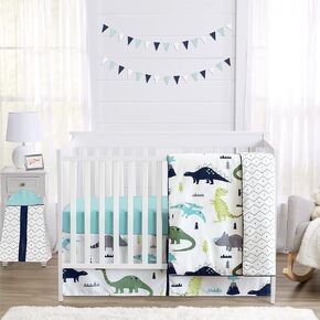 Sweet Jojo Designs Watercolor Dinosaur Dino Baby Boy Crib Bedding Set Infant Nursery Room Blanket Fitted Sheet Skirt Diaper Stacker 4p Green Blue White Modern Nature Jurassic Animal Tracks Footprint