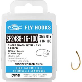 SF Short Shank Nymph Hooks Ultra Sharp Micro Barbed 3X Wide Gape Bronze Forged for Shrimp Caddis Pupa Nymphs Mayfly Midge Emergers with Mini Storage Box #16 100Pcs
