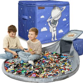 Toy Storage Organizer and Play Mat for LEGO, Duplo Bricks - Sturdy Cube Box for Quick and Easy Clean up in Kids Playroom - Foldable Bag/Basket with Blue Astronaut Design