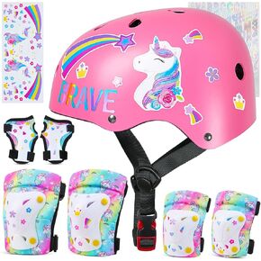 FIODAY Kids Bike Helmet Knee and Elbow Pads Wrist Guards with DIY Sticker Unicorn Adjustable Protective Gear Set for Boys Girls Skateboard Inline Skating Scooter, 3-5-8 Years