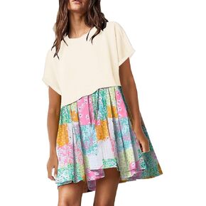 SAUKOLE Womens Summer Crew Neck Short Sleeve Dress Patchwork Pleated A Line Beach Boho Mini Dress
