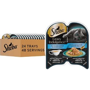 Sheba Gravy Indulgence Adult Wet Cat Food (24 Count, 48 Servings), White Fish Entrée in Extra Gravy, Easy Peel Twin-Pack Trays