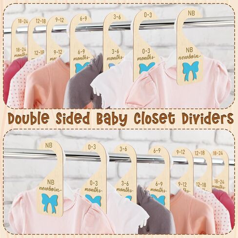 R HORSE Wooden Baby Closet Dividers - 8Pcs Double-Sided 3D Pink Bow Baby Closet Organizer Newborn Clothes Size Hanger Dividers Nursery Decor Baby Shower Birthday Gift for Boy Girl (0-24 Months) in Saudi Arabia