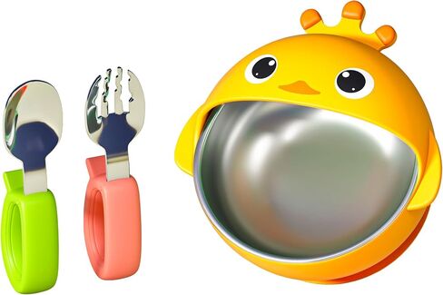 Suction Bowls Set for Baby Feeding，Little Frog Silicone Suction Baby Bowl and Food-Grade 304 Stainless Steel Bowl with Fork and Spoon,Dishwasher Safe in Saudi Arabia