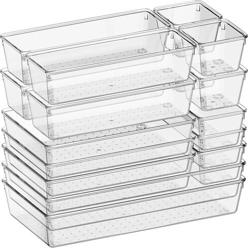 Criusia 26 Pack Large Clear Plastic Drawer Organizer Bins -Heavy Duty Acrylic Kitchen Drawer Organizers and Storage for Utensils -Bathroom Drawer Organizer Trays for Makeup Office Organization in Kuwait